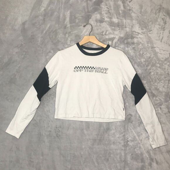 Vans Off The Wall Crop Top Womens S White Black Long Sleeve Crew Checkerboard - Picture 1 of 10